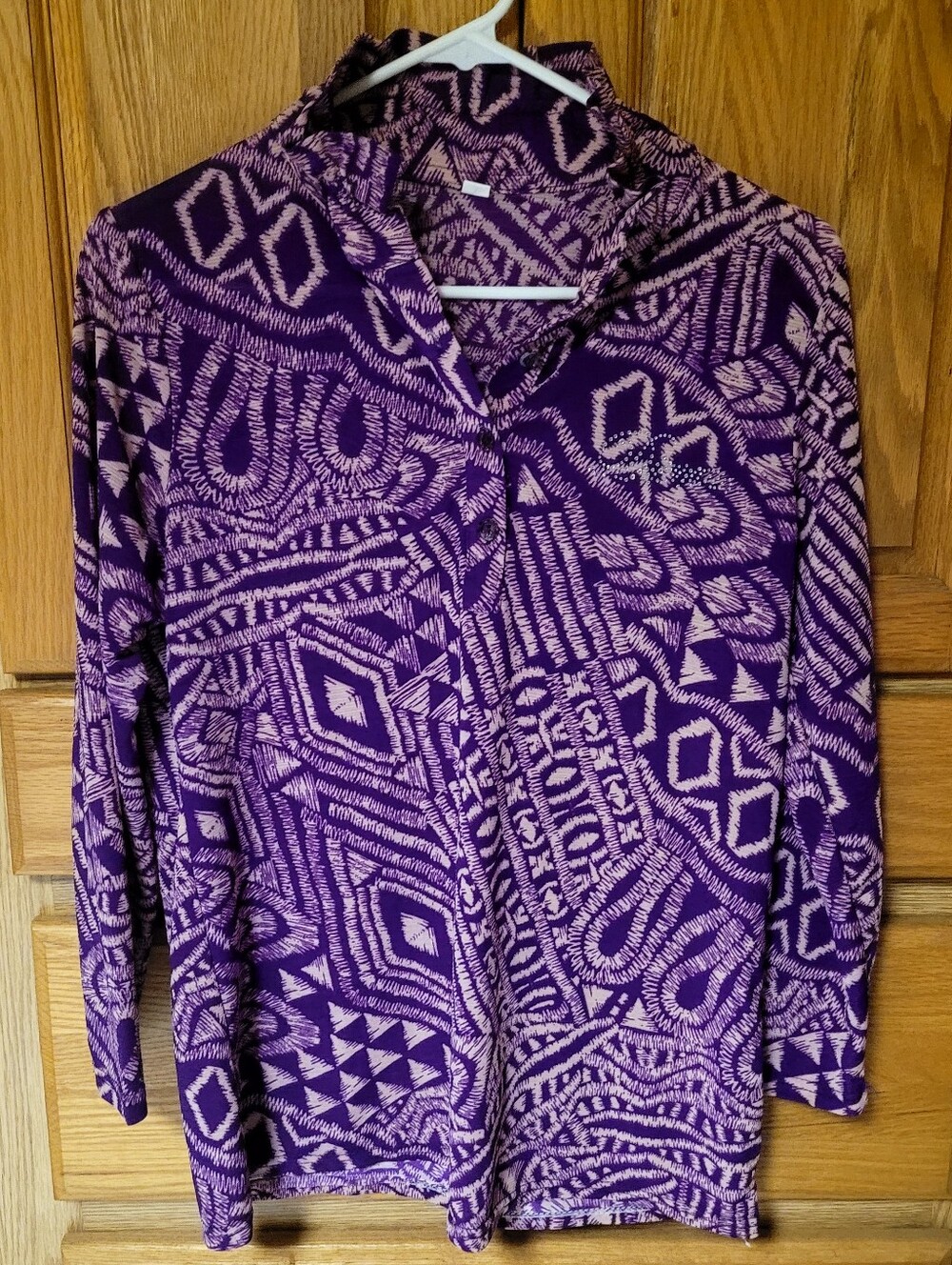 Purple Tribal Aztec-Print Wired-Collar Button-up Blouse, Size XL
